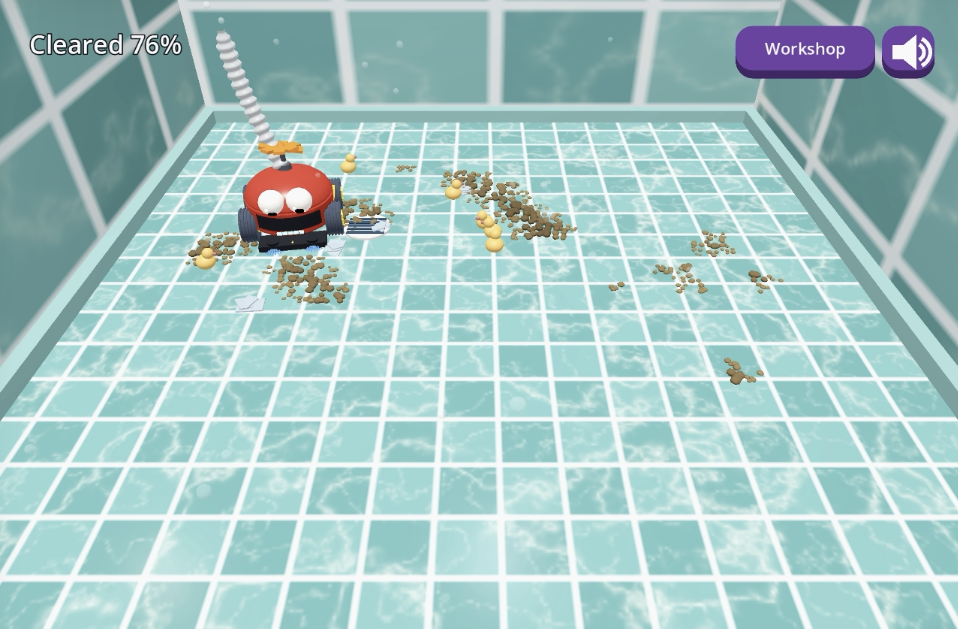 A tiled swimming pool floor with clumps of dirt, a red machine with a corrugated hose clearing them one patch at a time