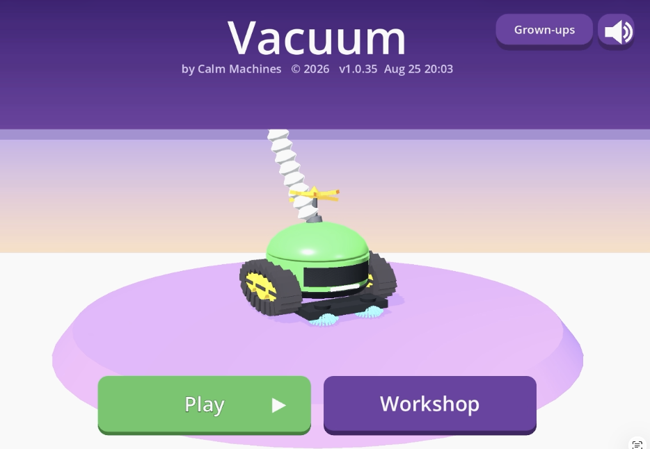 The Vacuum title screen, with a green domed machine on a soft purple stage and two large buttons reading Play and Workshop